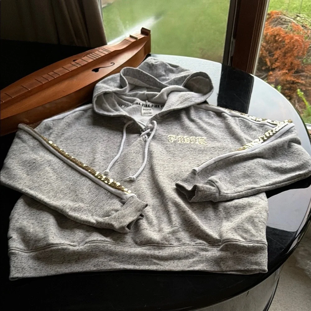 PINK Gold & Roses Sequin Heather Gray Hoodie with Gold Sequin Stripe - Picture 5 of 10